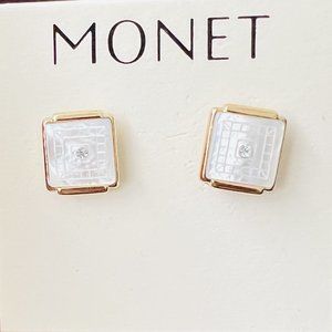 Vintage MONET Natural Rainbow Mother of Pearl Shell Earrings w/Rhinestone